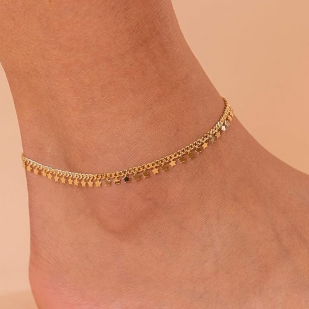 14K Gold Plated Charm Link Chain Star Adjustable Anklet In White Gold - Picture 3 of 5